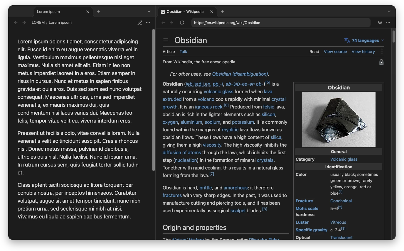 A note and a Wikipedia article side by side in Obsidian's dark theme. The article has the same background and text color as the note, and its links are still blue.