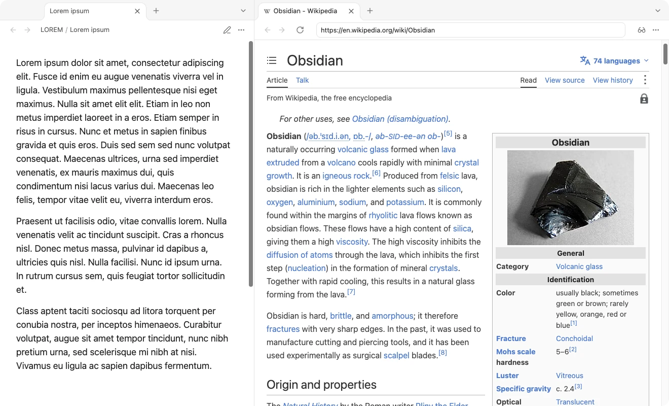 A note and the Wikipedia article side by side in Obsidian's light theme, sharing the same white background, with blue links.