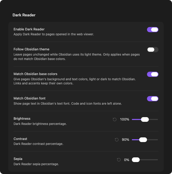 The plugin's settings tab: Enable Dark Reader, Follow Obsidian theme, Match Obsidian base colors, Match Obsidian font, and sliders for brightness, contrast and sepia.