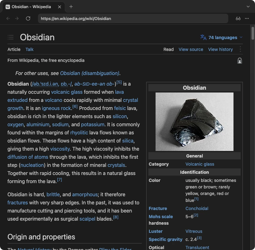 The same article in Obsidian's dark background and text color, with blue links.