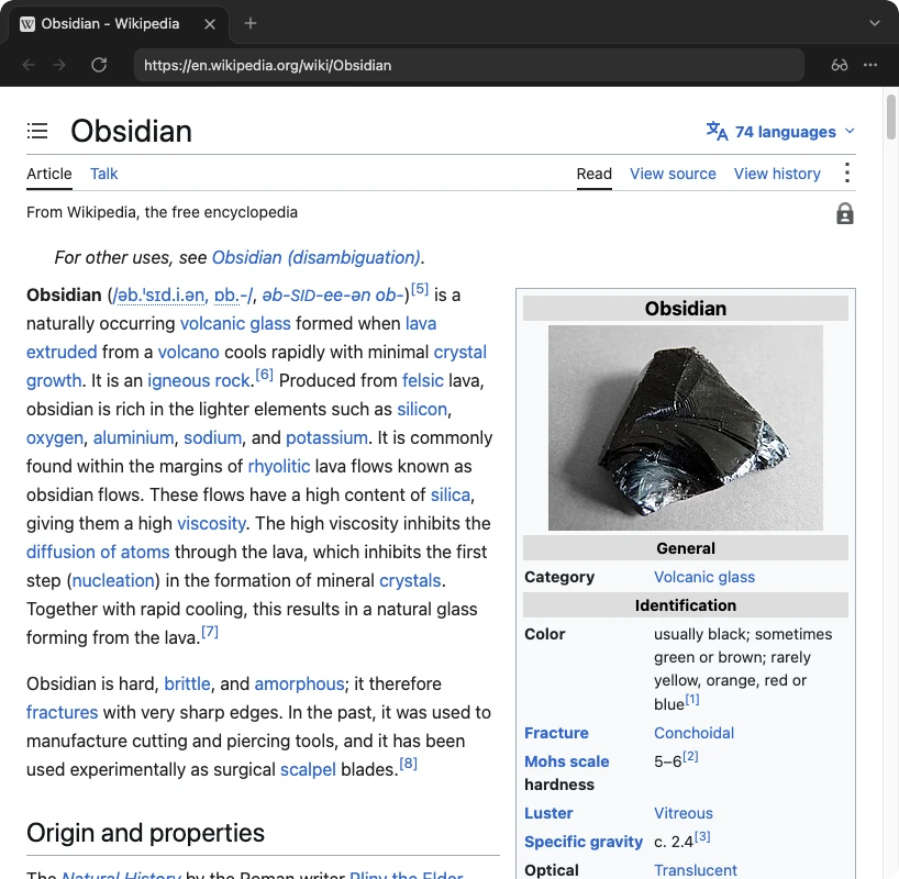 Wikipedia's article on obsidian with its normal white background inside a dark Obsidian window.