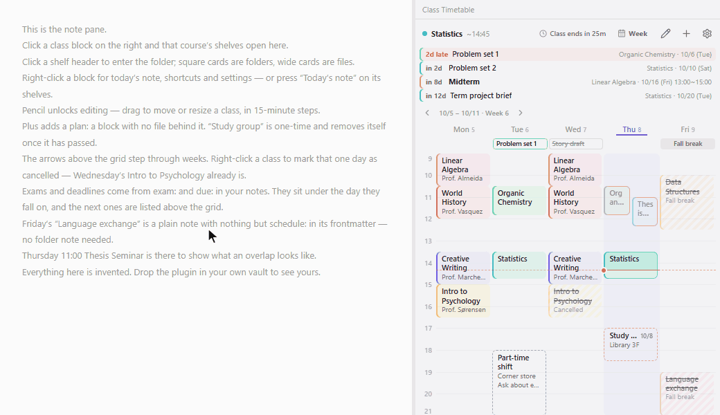 A week of classes in the sidebar, mid-lecture with 25 minutes left. Clicking the class in progress opens its shelves — assignments, lectures, readings — and clicking lectures lists that course's notes