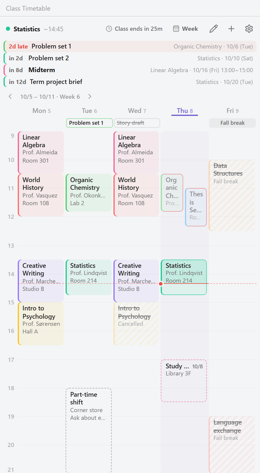 The timetable mid-lecture: the class in progress outlined, earlier classes today dimmed, and a countdown to the end of class