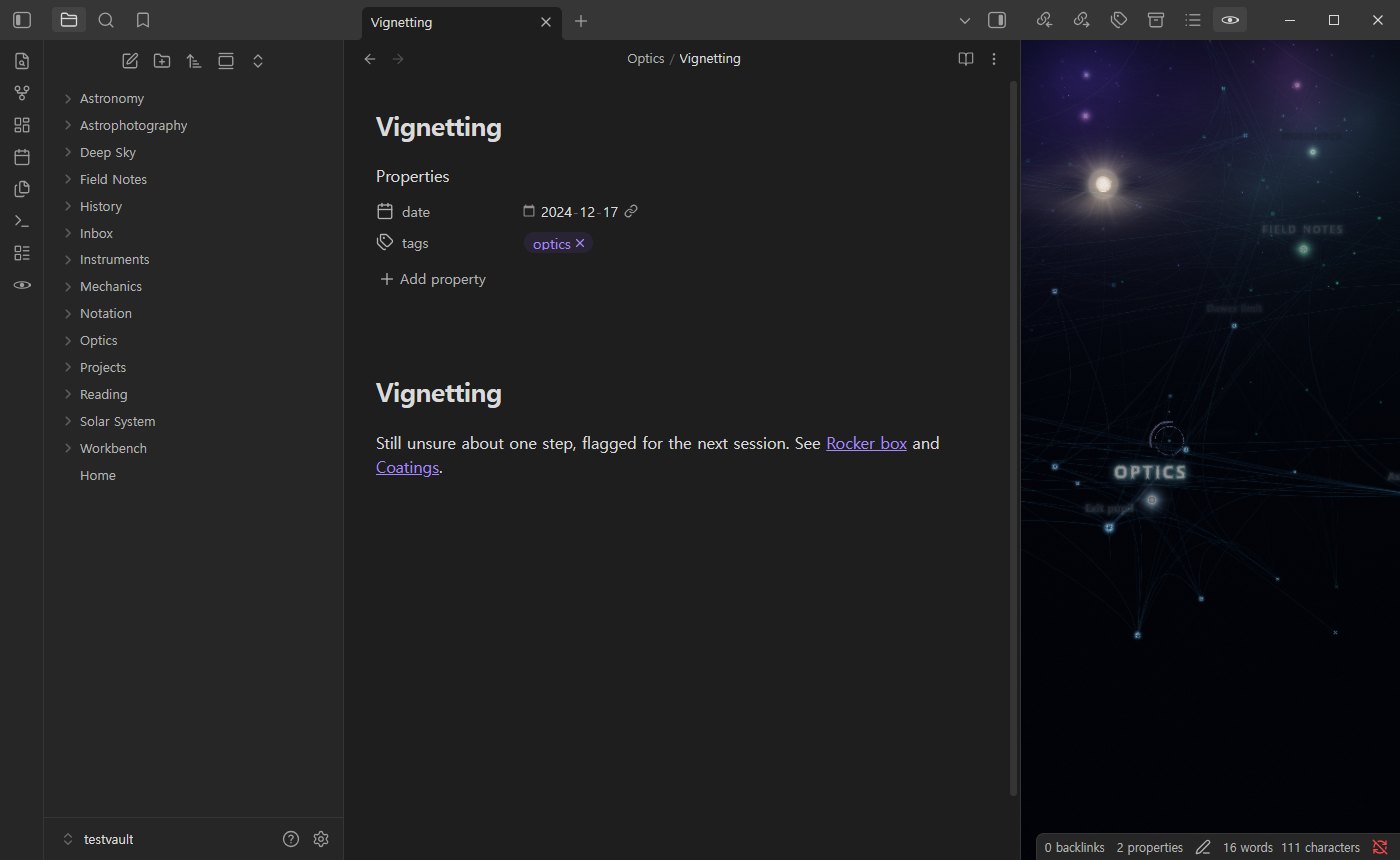 A note open in the editor, with the mini orrery in the right sidebar turning about it and a ring of light on the note being edited