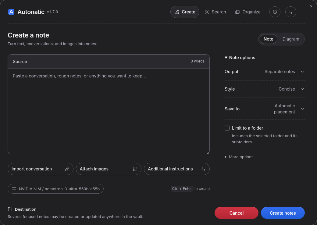 Autonatic Create workspace with a tinted Source header, three source-tool buttons, note options, and rounded navigation
