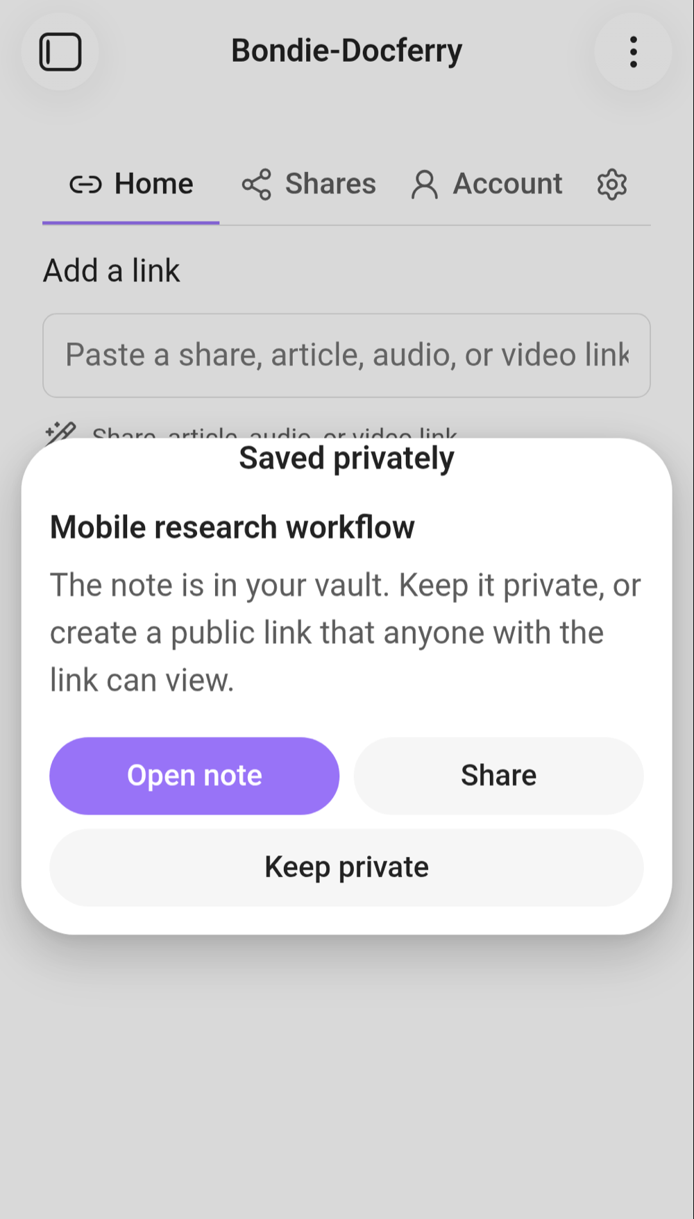 Private save completion prompt with Open note, Share, and Keep private actions