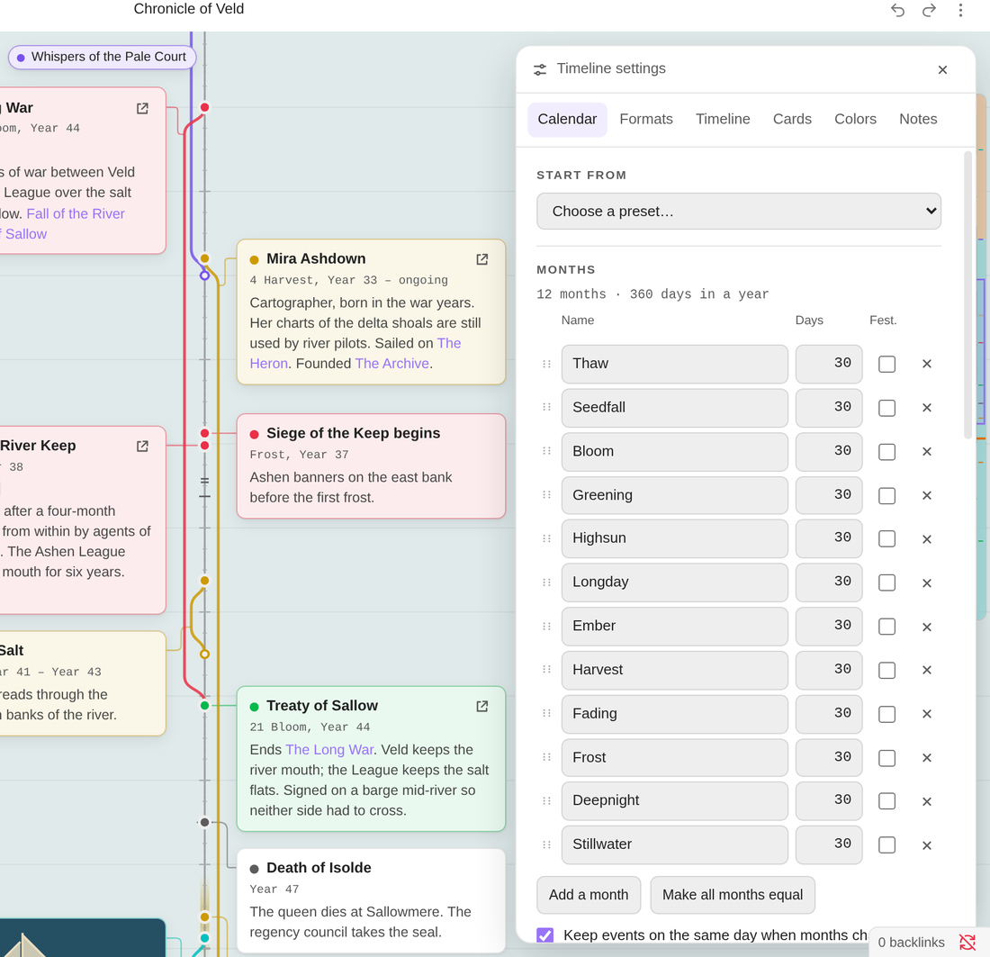 Calendar settings: months, lengths and festival days
