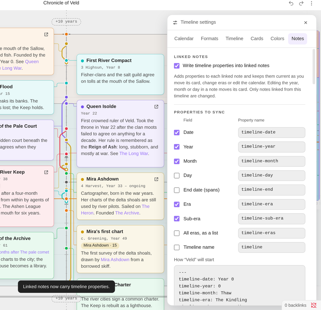 Note sync settings with a preview of the properties