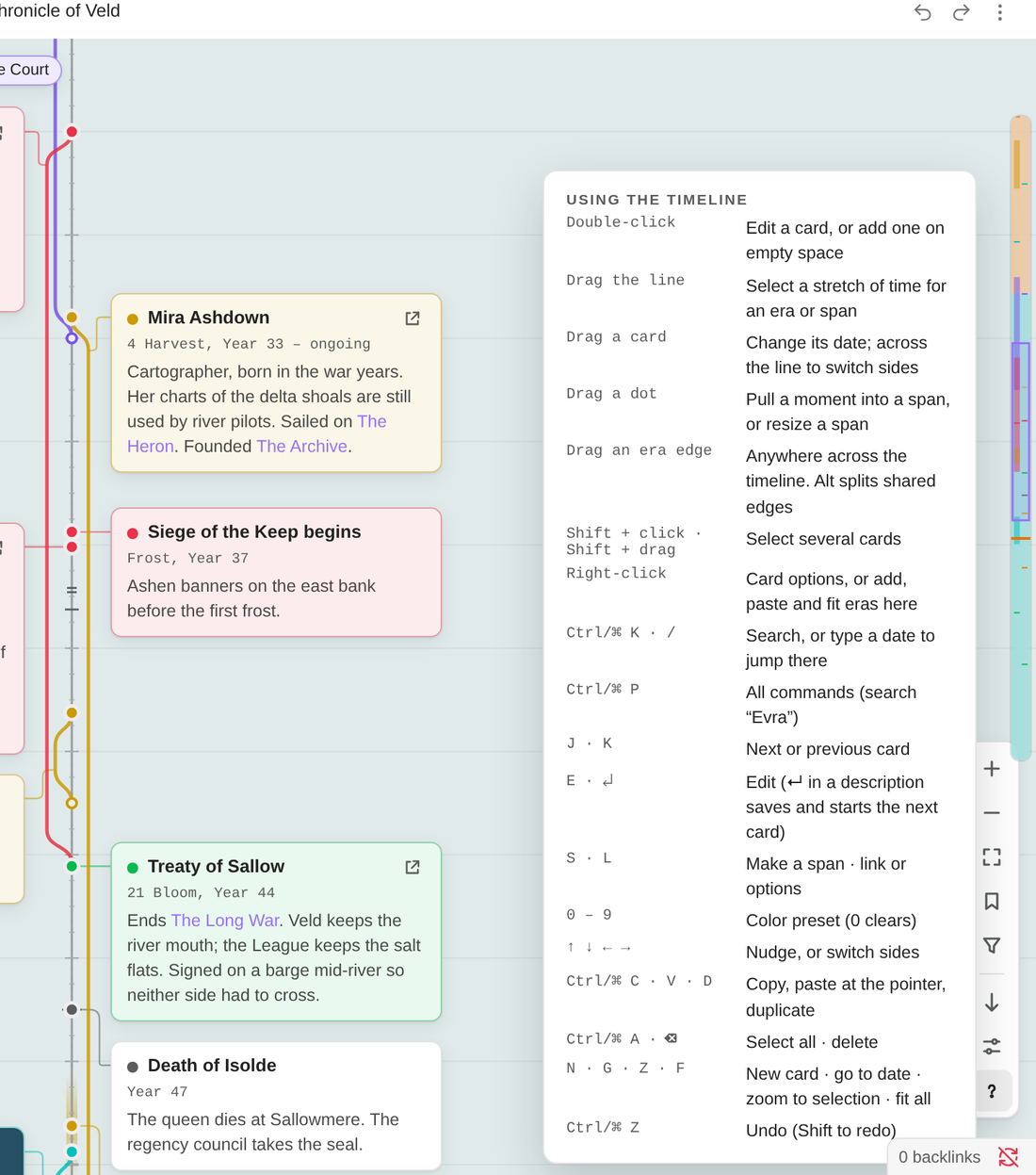 The shortcuts list