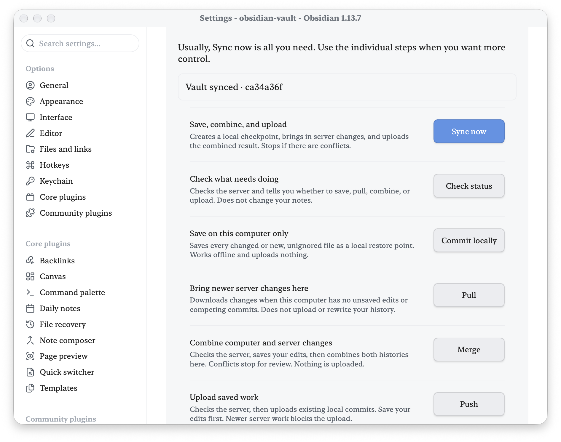 Save, pull, merge, and push with plain-language explanations and persistent sync feedback.