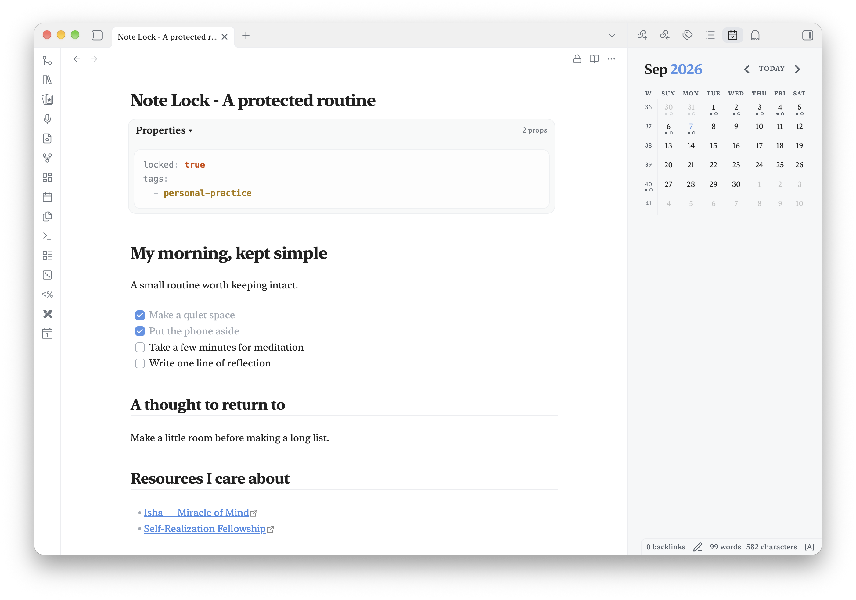 Keep a routine protected against accidental edits, with the lock available in the note header.
