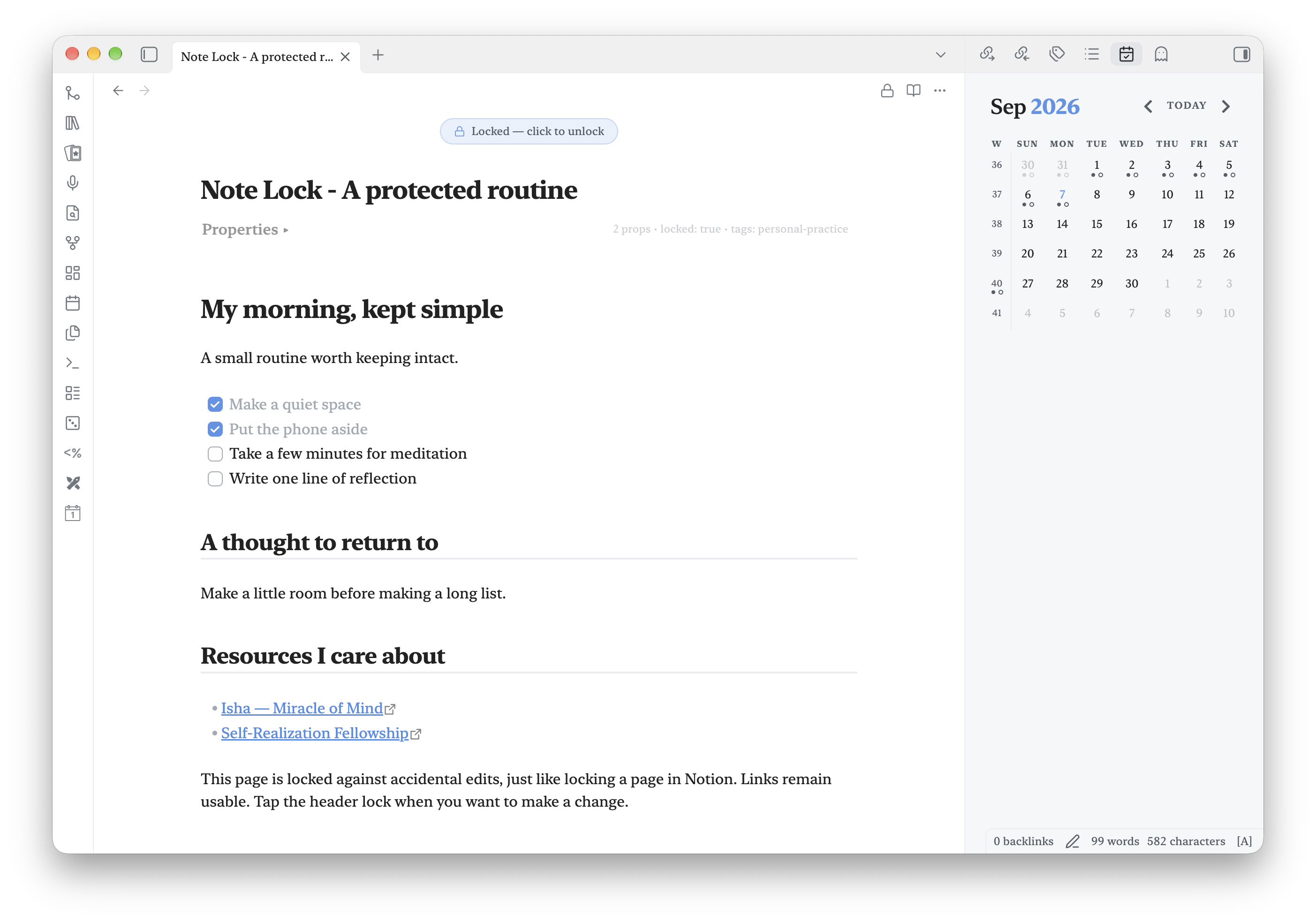 Show a visible unlock reminder above the note when you want it.