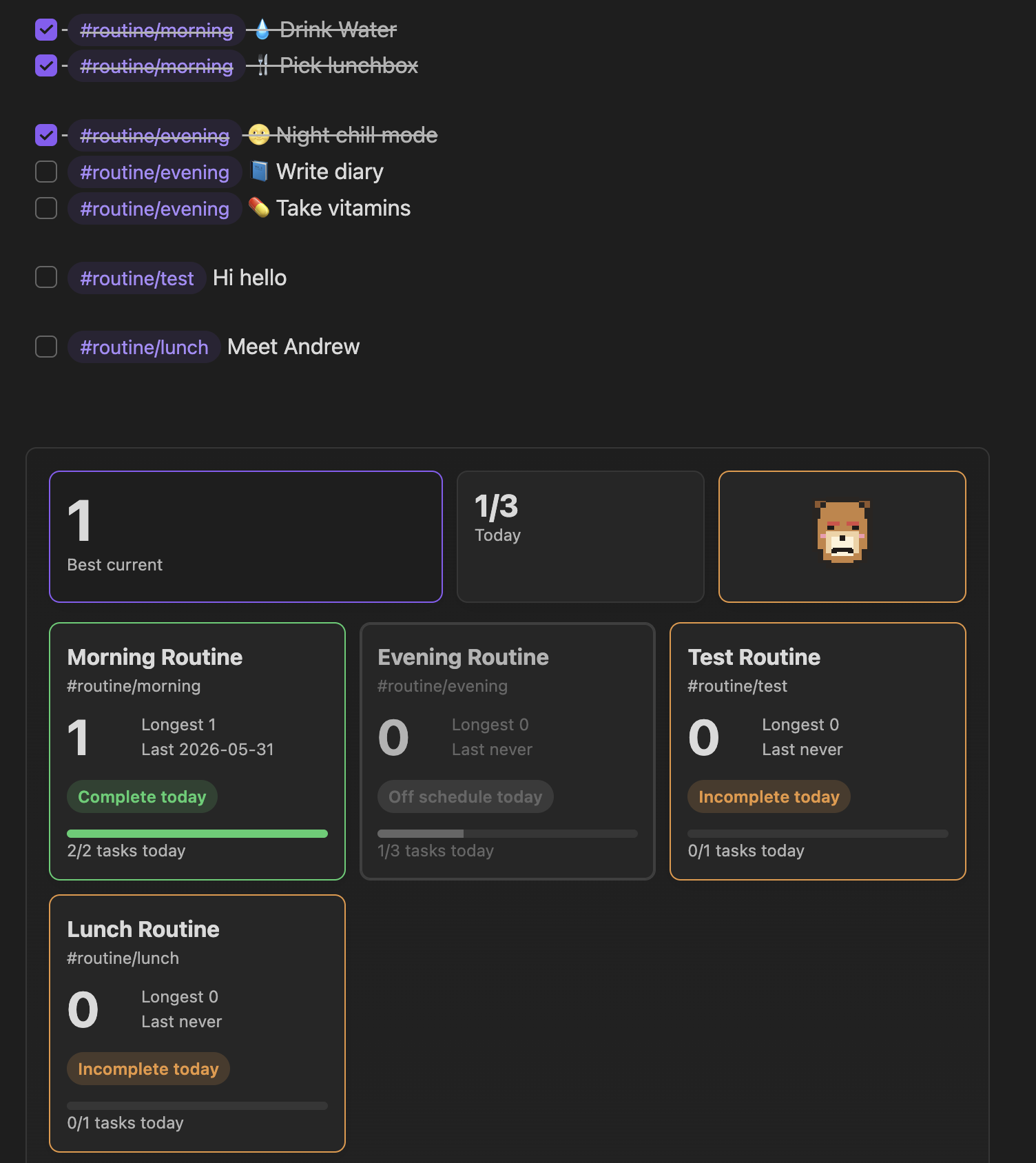 Routine Streaks dashboard embedded in a Daily Note
