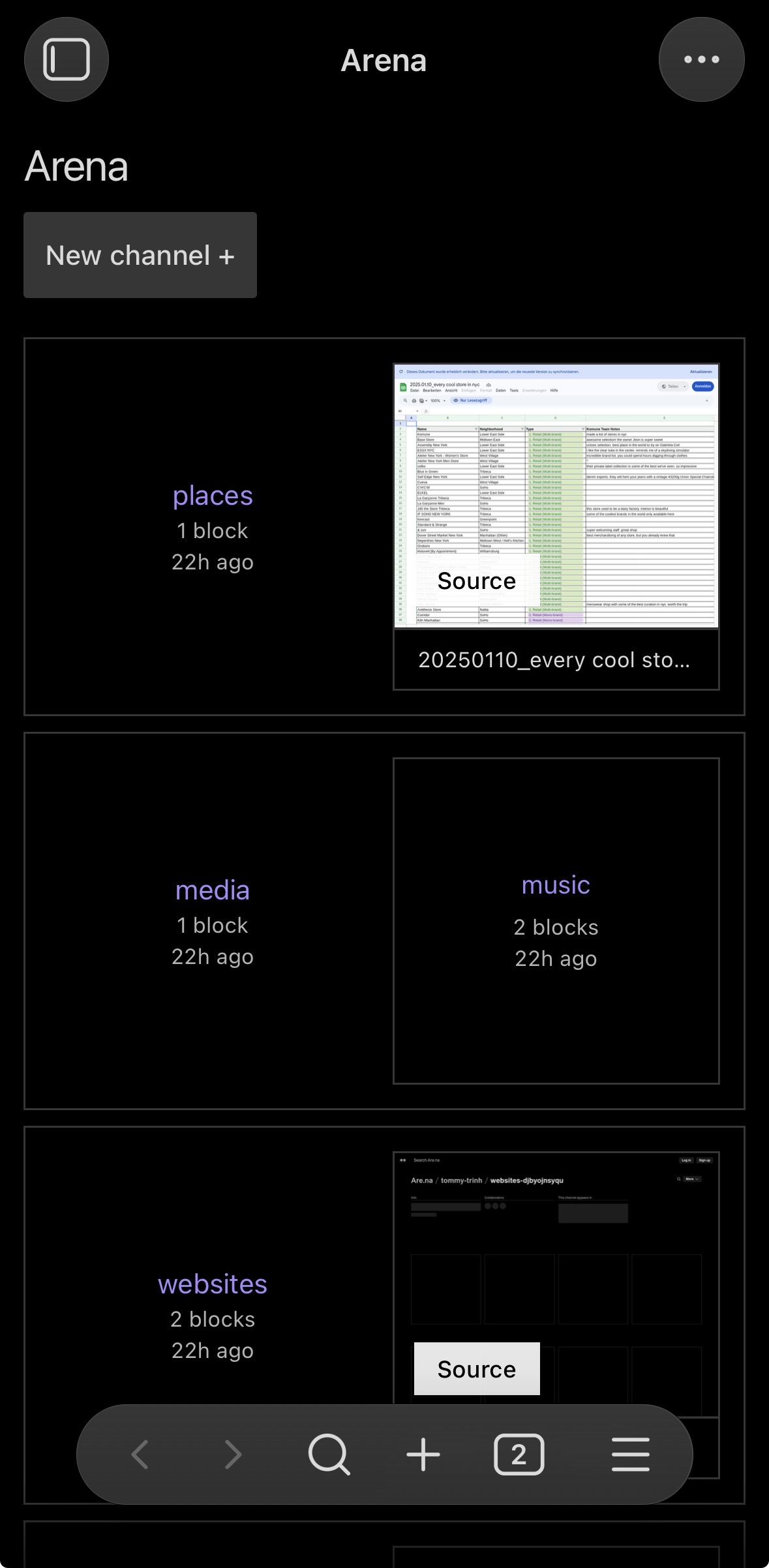 Arena Browser on Obsidian mobile: channel list with thumbnails and navigation