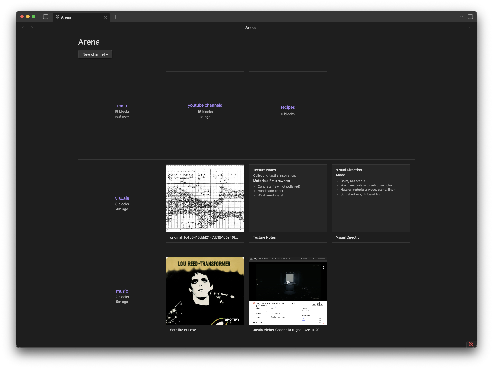Arena Browser desktop interface showing channels and blocks