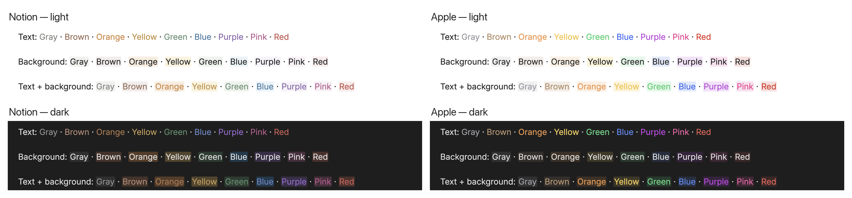 Notion and Apple color schemes in light and dark mode