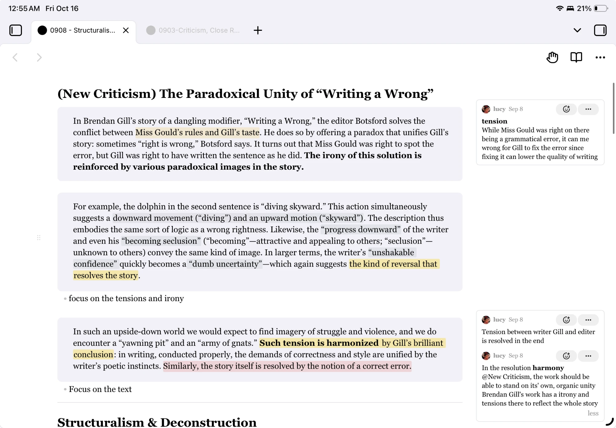 Comment cards beside the note on iPad