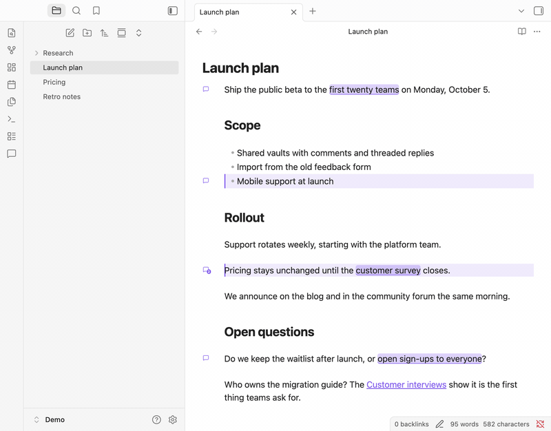 Selecting words in a note, writing a comment, then replying and resolving it from the panel