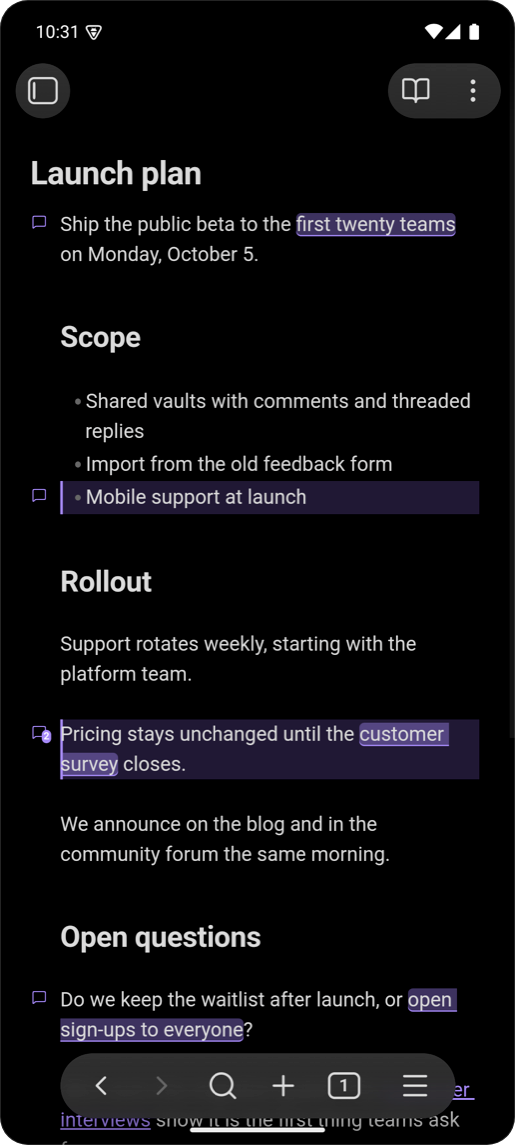 A note with comment markers in the dark theme on a phone