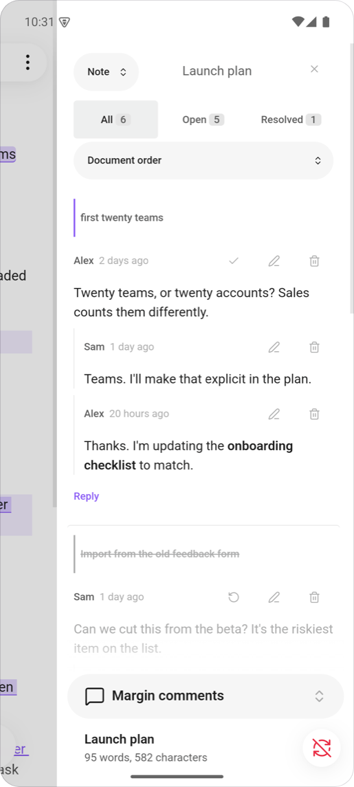 The comments panel in the phone's side drawer