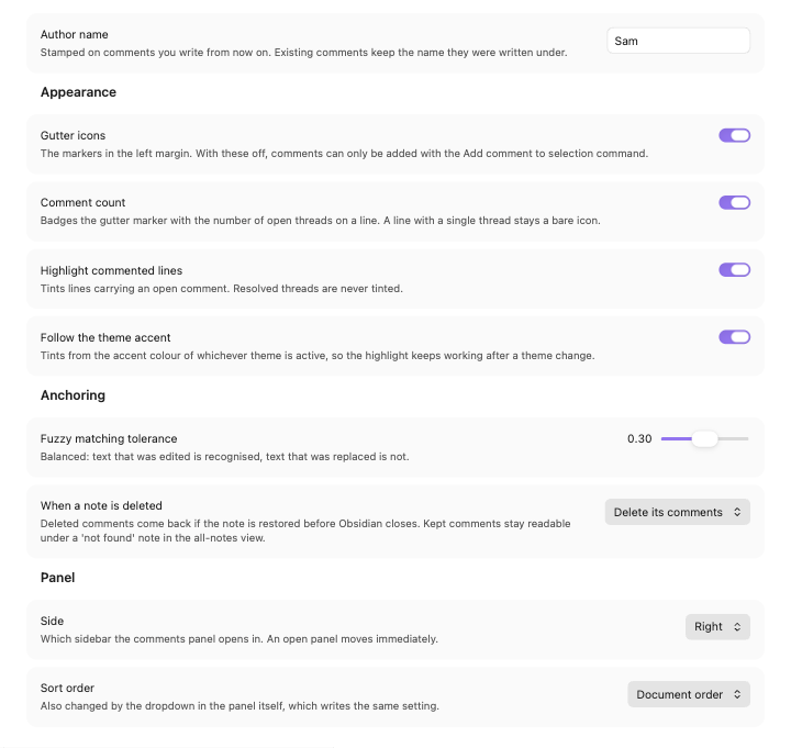 The Margin Comments settings tab
