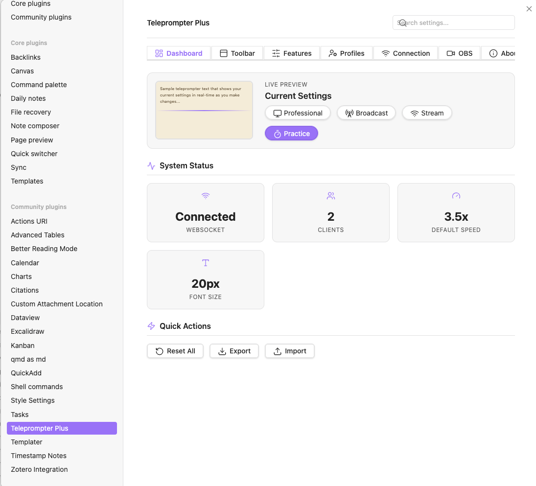 Settings dashboard