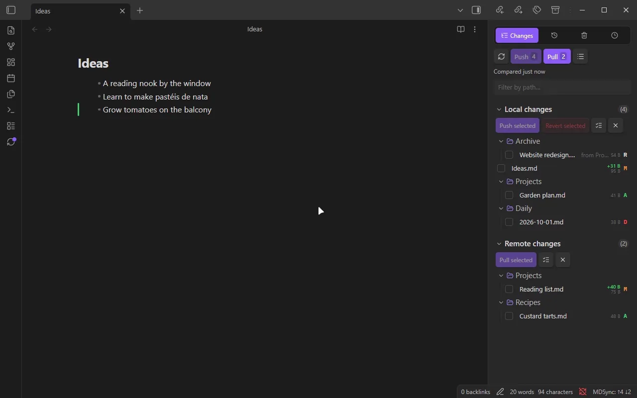 Changes tab: diffs of a local and a remote change, list layouts, filter, push and pull