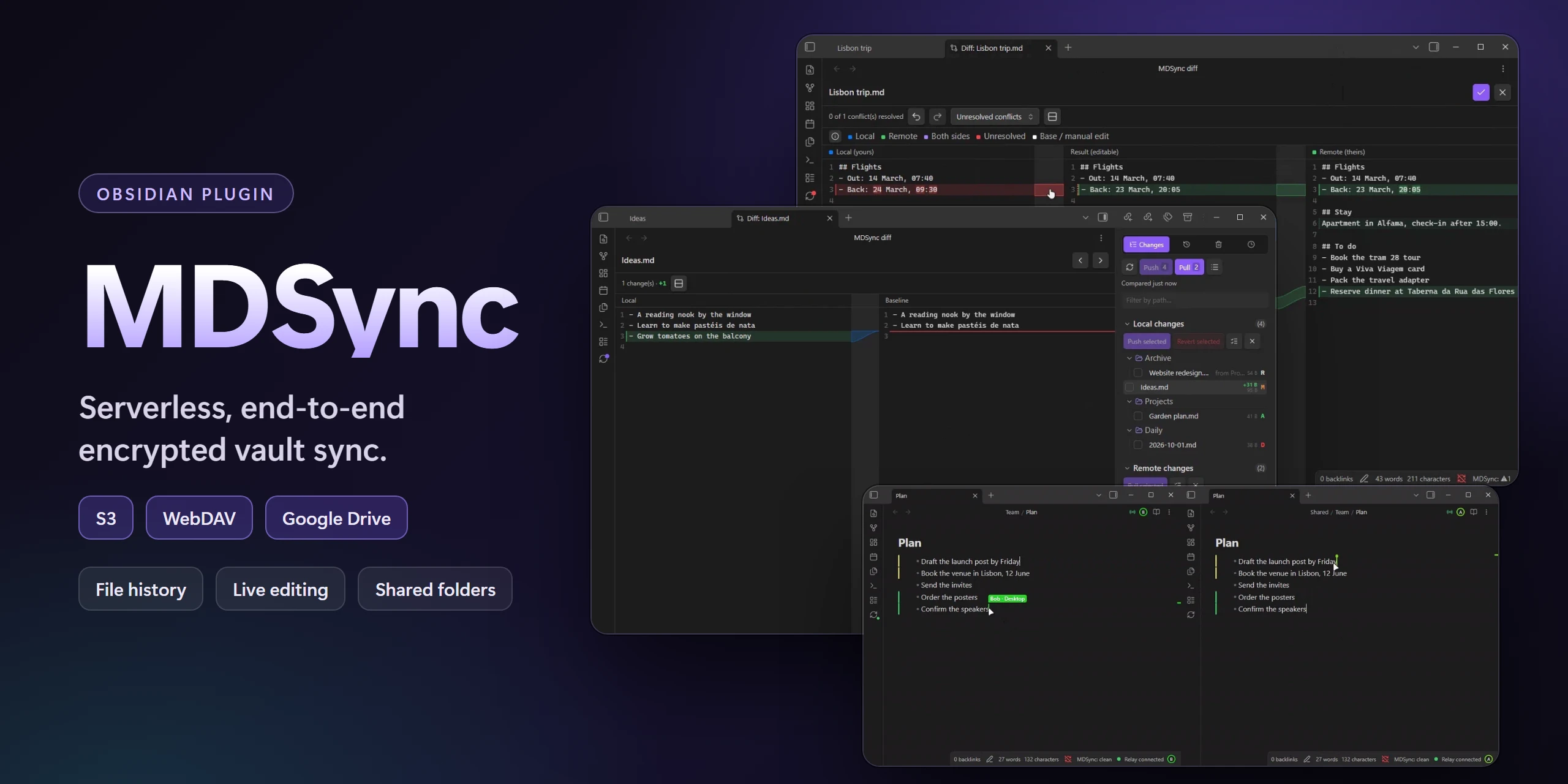 MDSync: serverless, end-to-end encrypted vault sync for Obsidian, with a merge editor, file history, live editing and shared folders