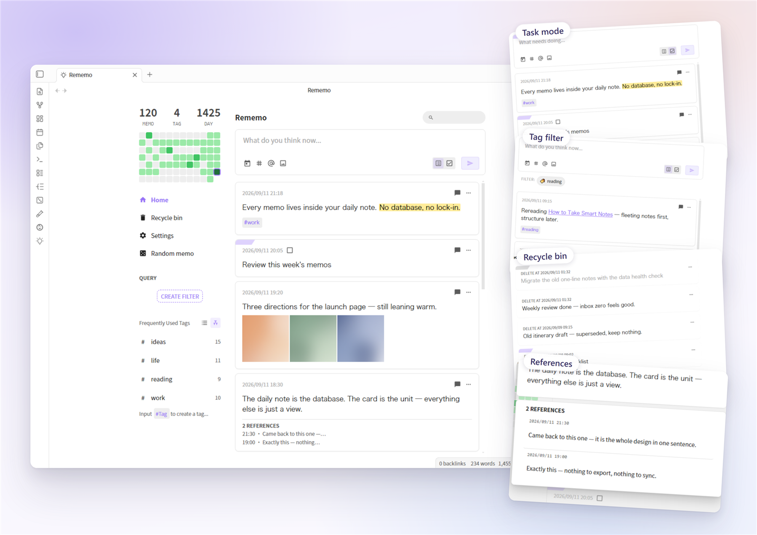 Rememo at a glance: the card feed, task mode, tag filtering, the recycle bin and references