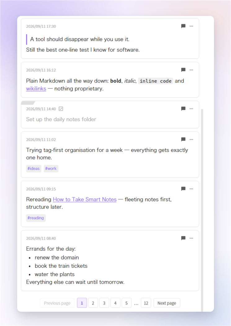 The rest of the feed: a quote card, a card of inline formatting, a finished task, tags, wikilinks and a list
