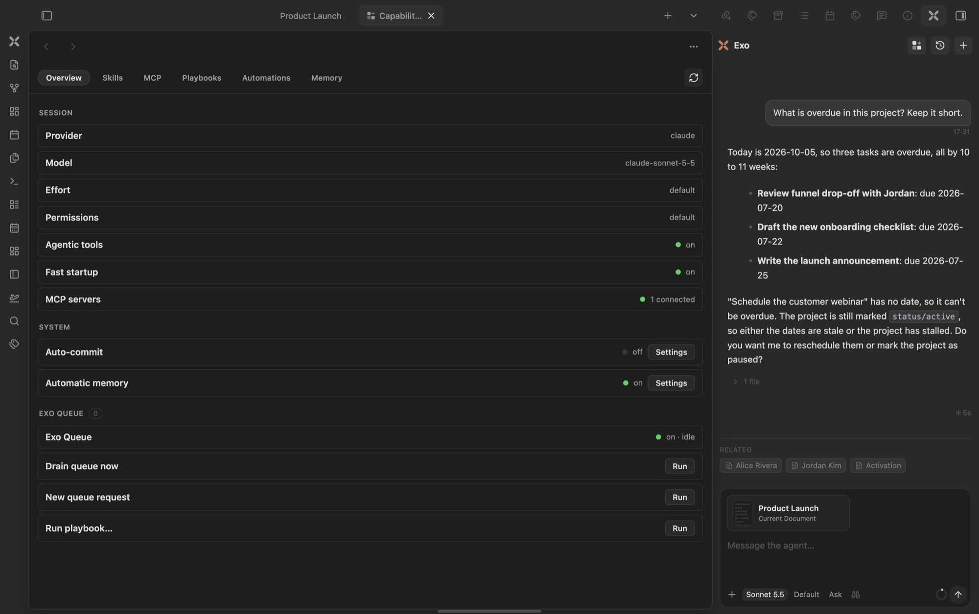 The Capabilities hub overview: session, system, and Exo Queue