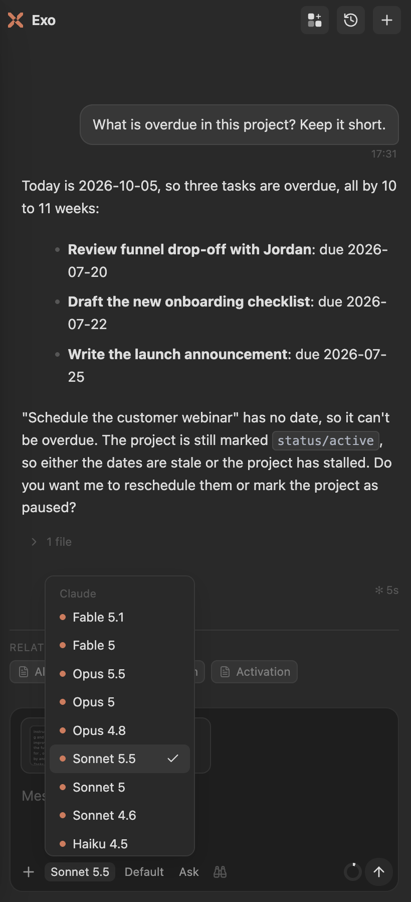 The model picker in the composer, listing the Claude models