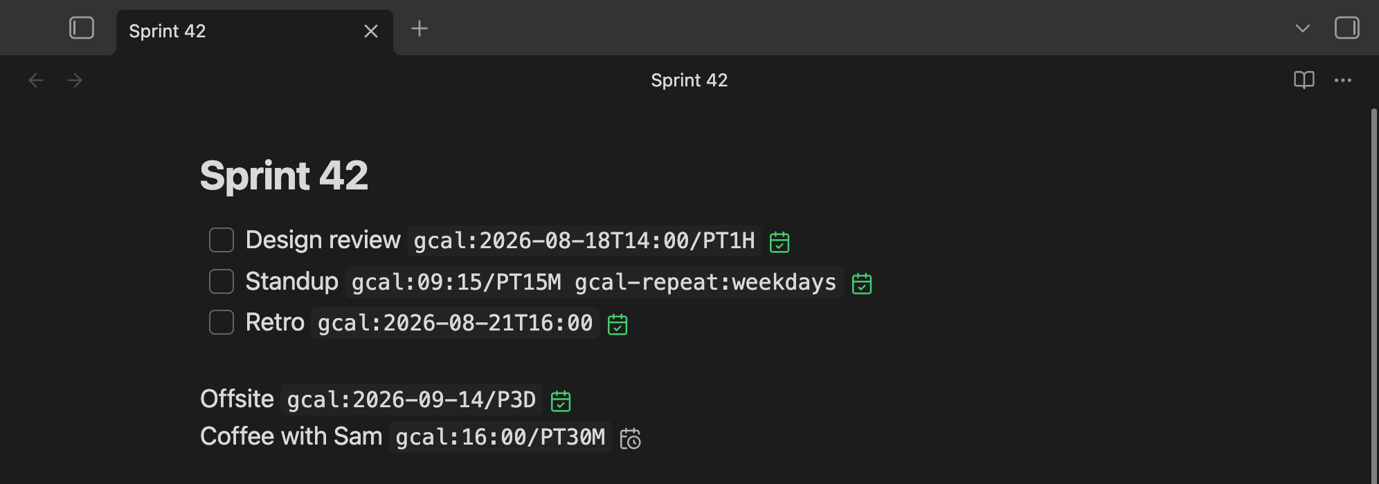 A note with five event declarations, four marked as synced and one still pending