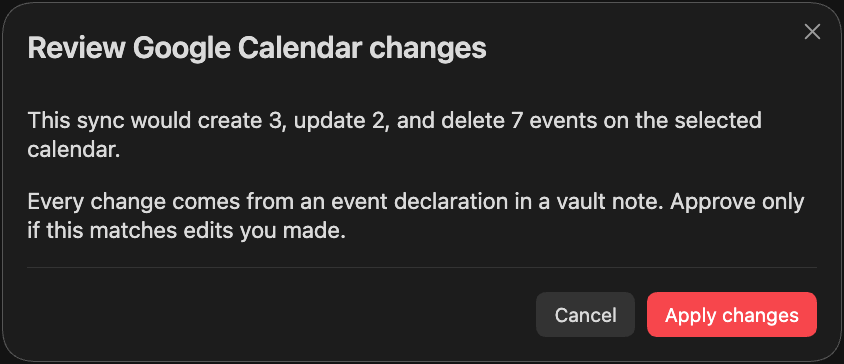 The review dialog, reporting a sync that would create 3, update 2, and delete 7 events