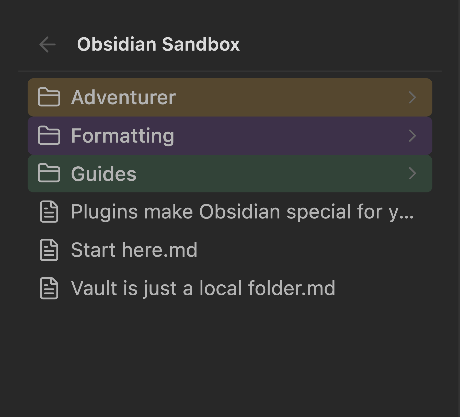 Folder Nav at the vault root: folders with chevrons, files below