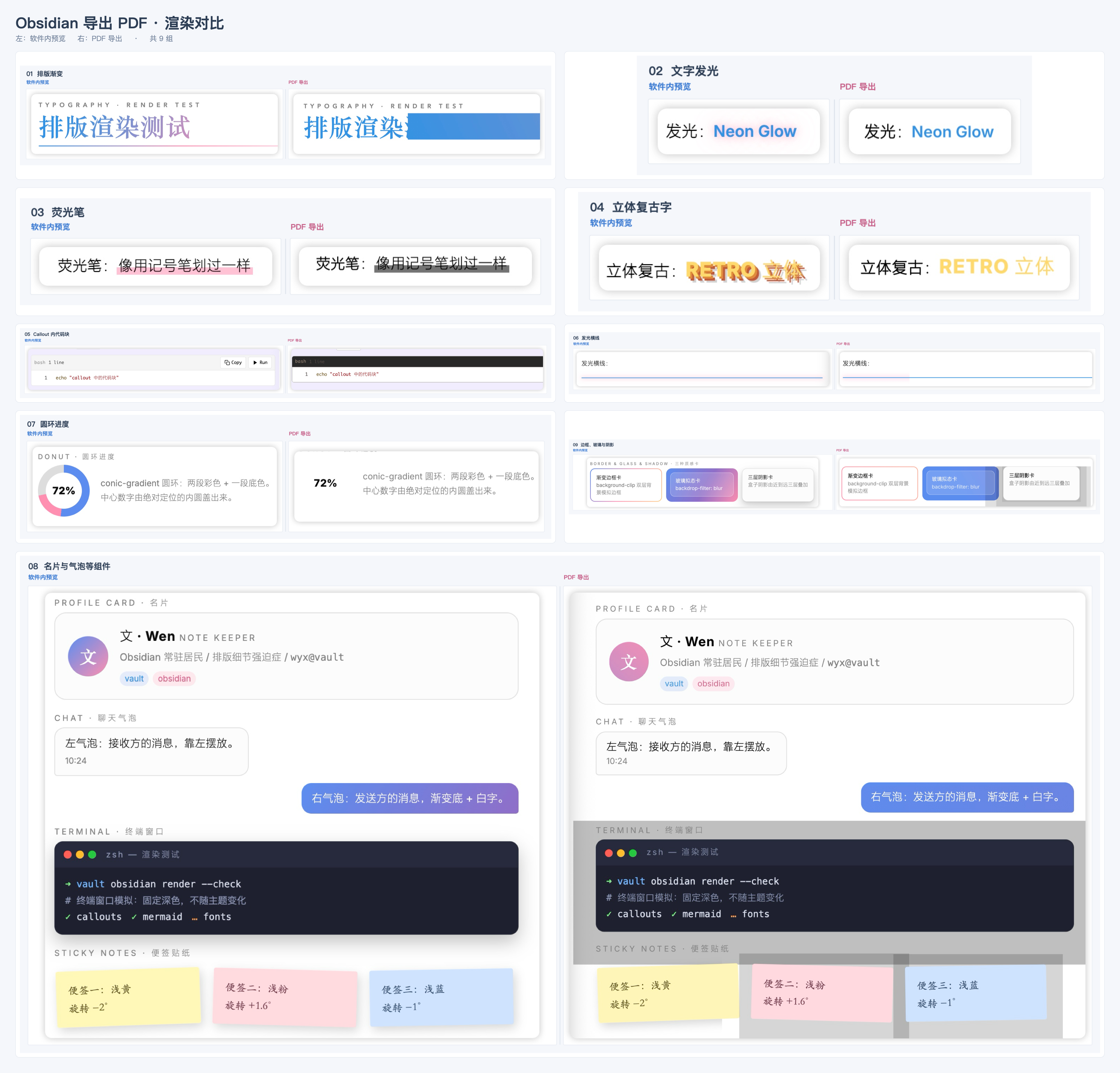 Comparison of the in-app preview and the earlier PDF export, showing changes to gradients, shadows and graphics