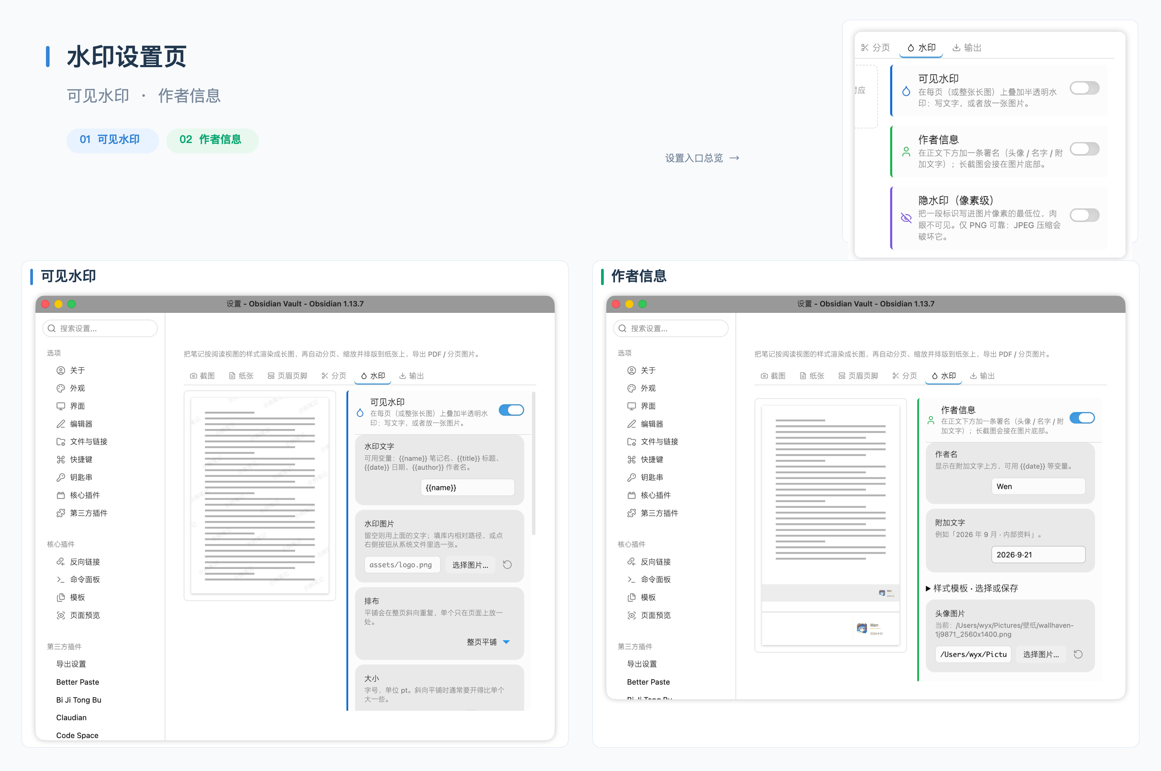 Visible watermark and author signature settings with previews, shown in Chinese