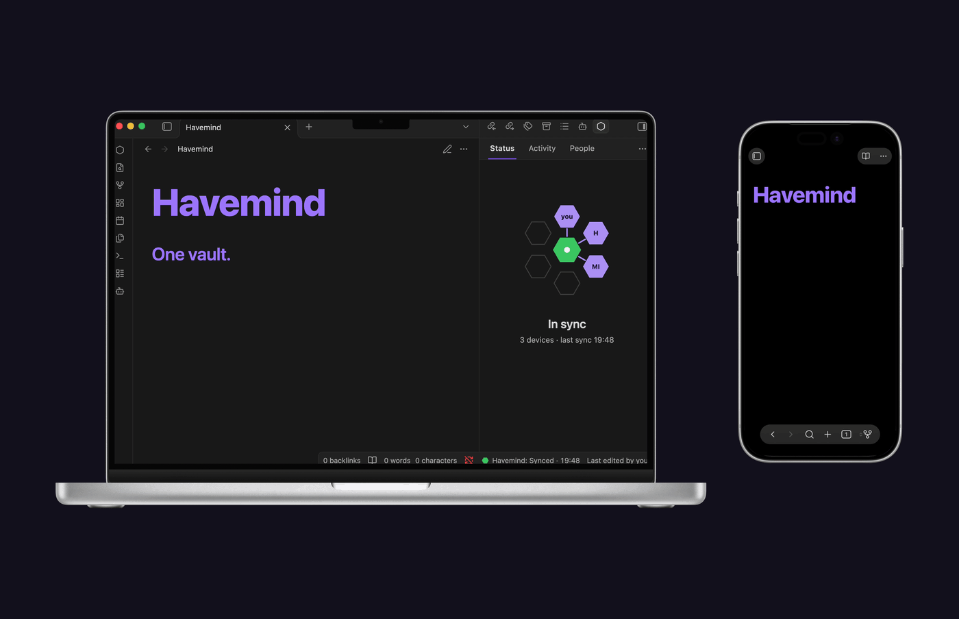 A note written on a MacBook appears on an iPhone about a second later; on the MacBook the Havemind flower spins while it sends and turns green when done