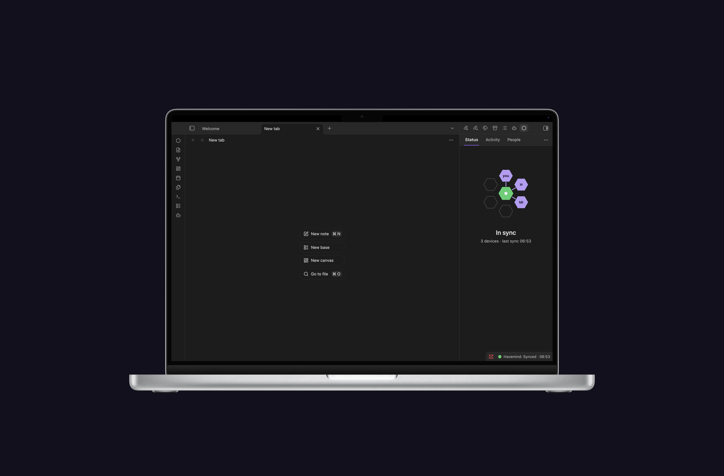 The Status tab on a MacBook: the server in the middle, green when in sync, one hexagon per device around it