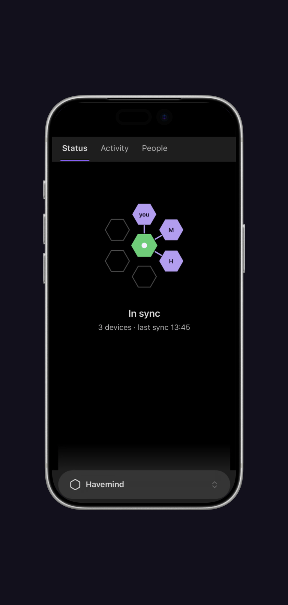 The Havemind pane on an iPhone: the flower with a green core, and In sync