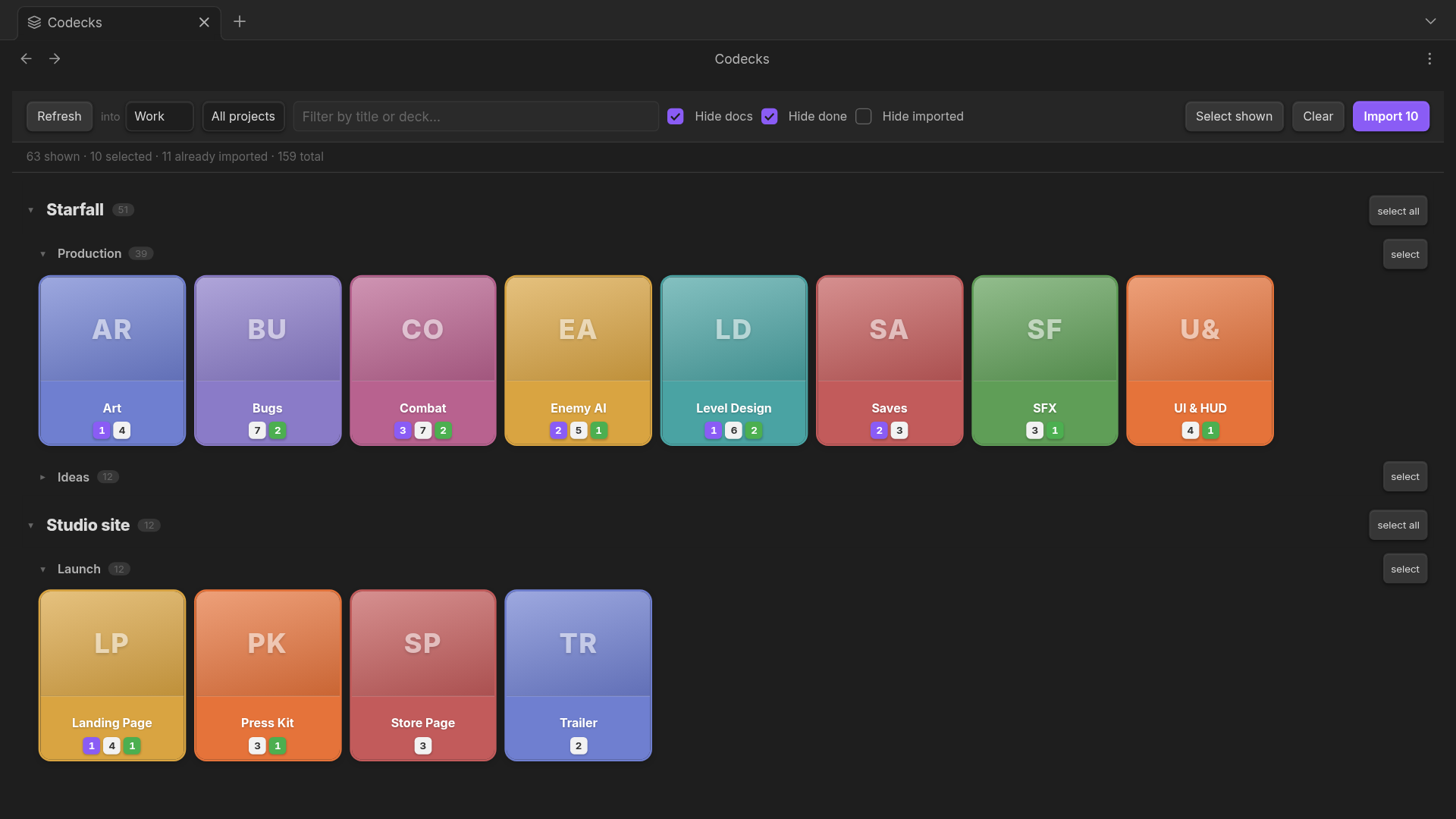 Decks as coloured tiles, grouped by project and section, with counts for picked, total and already-imported cards