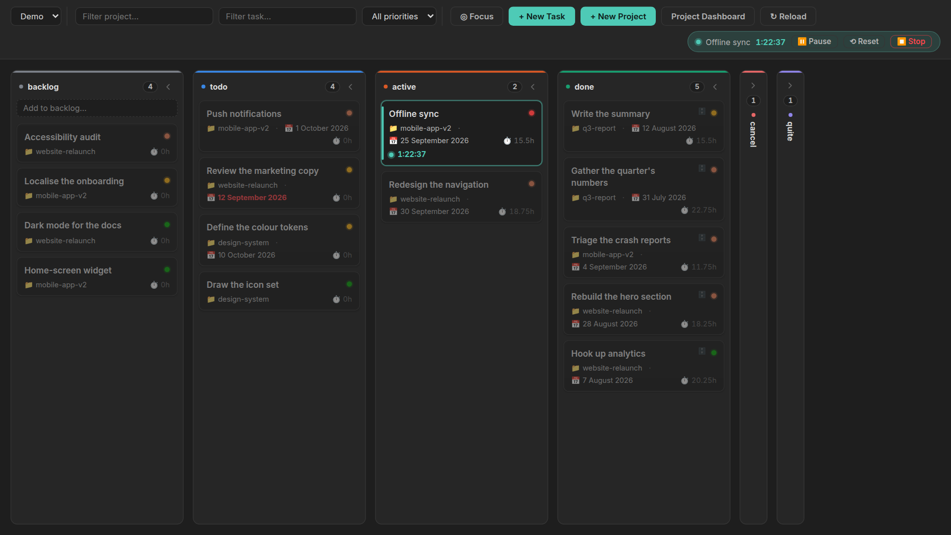 The kanban board with a timer running