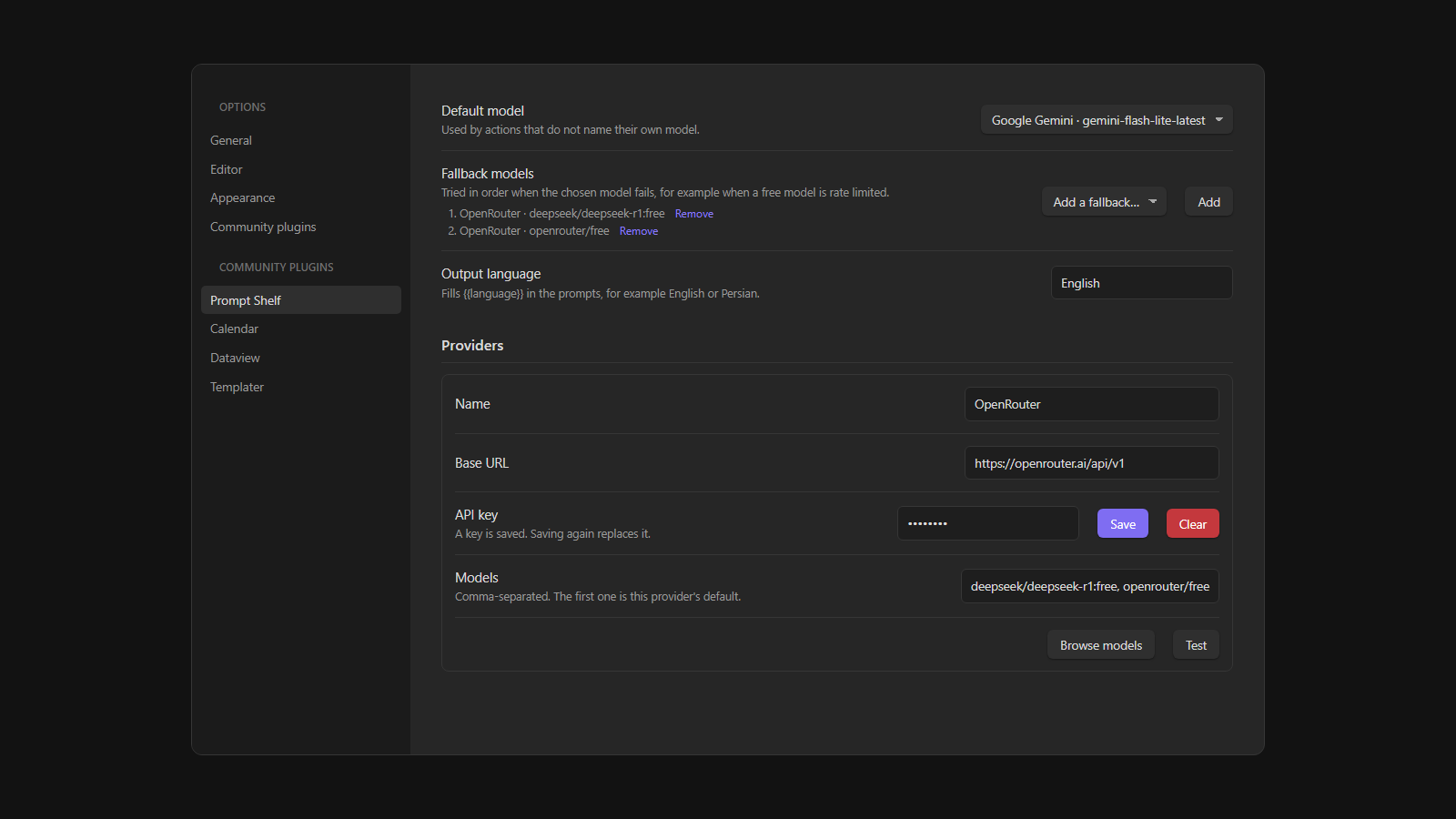 Providers, keys and fallback models in settings