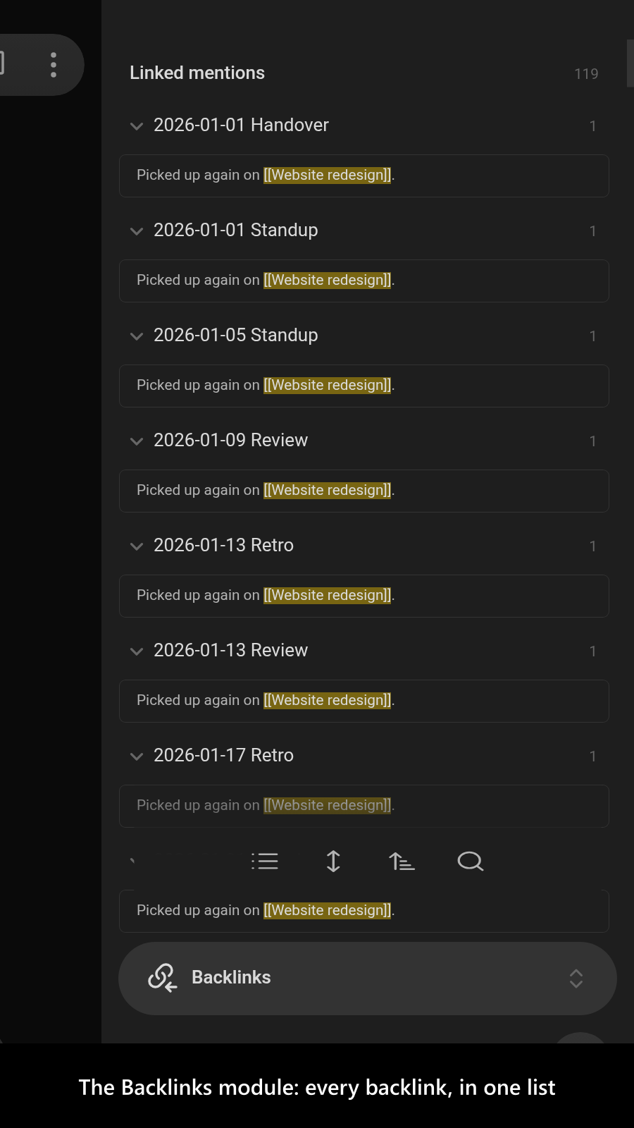 The Backlinks module: every backlink, in one list