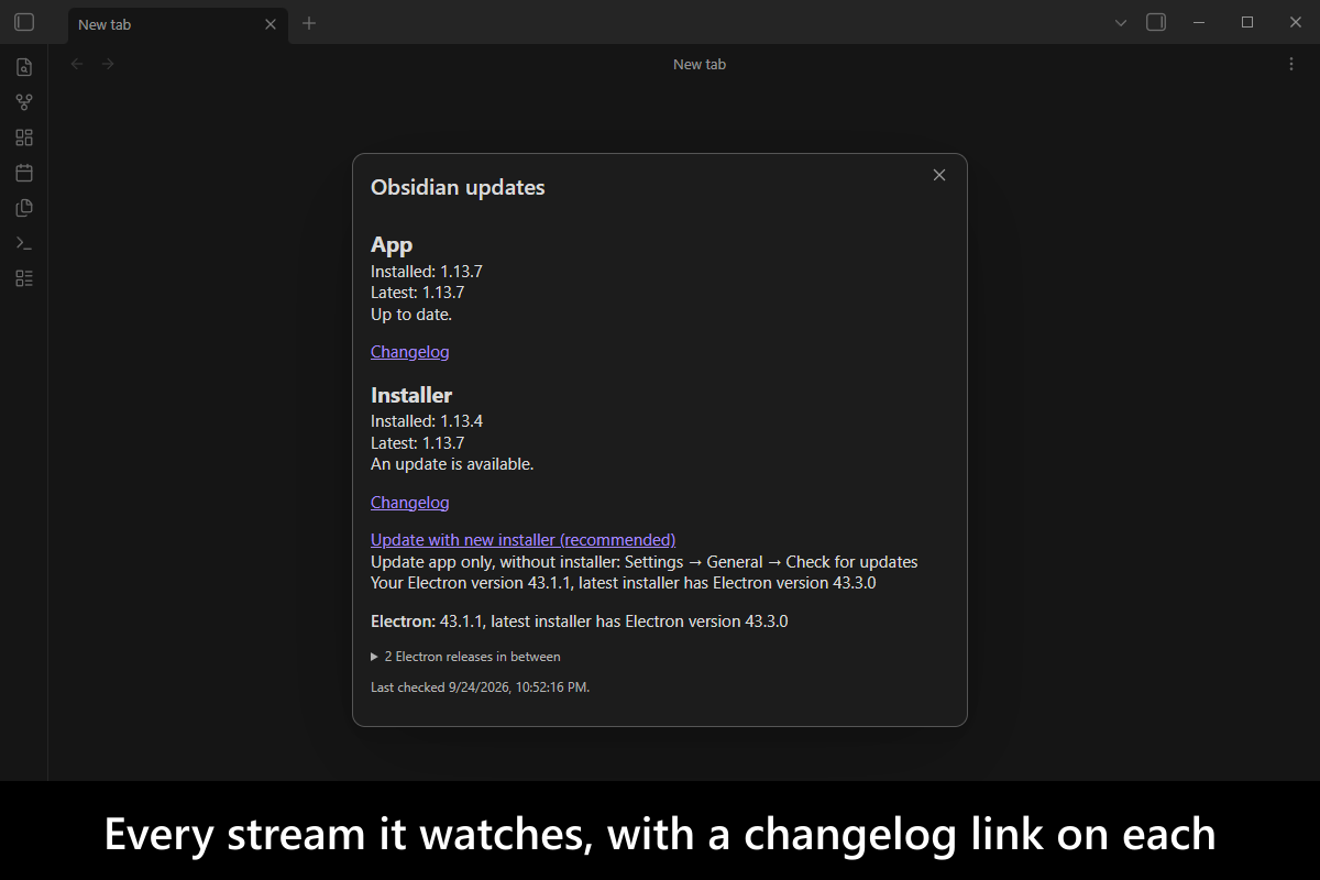 Every stream it watches, with a changelog link on each