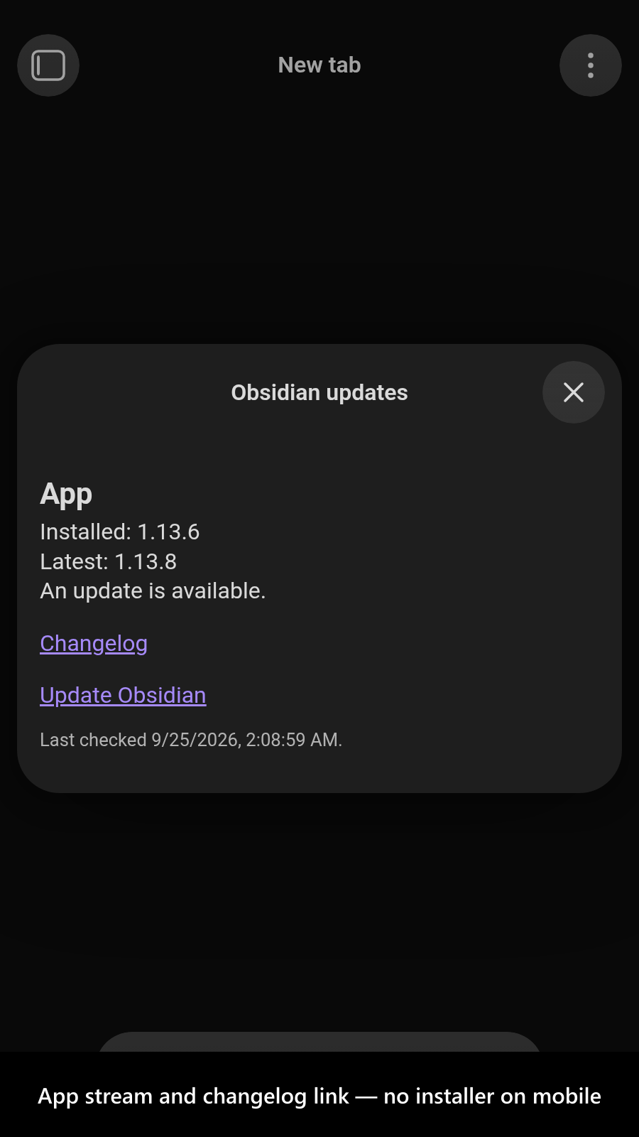 App stream and changelog link — no installer on mobile