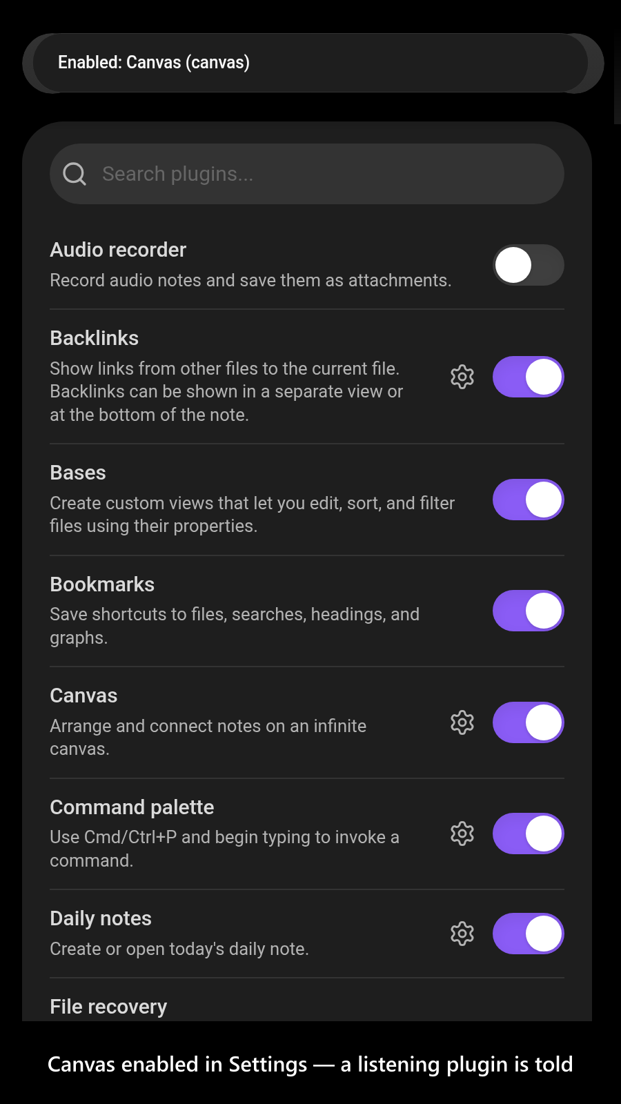 Canvas enabled in Settings — a listening plugin is told