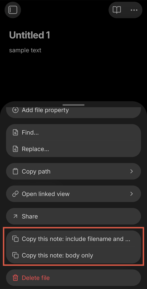 Mobile context menu showing Copy this note presets