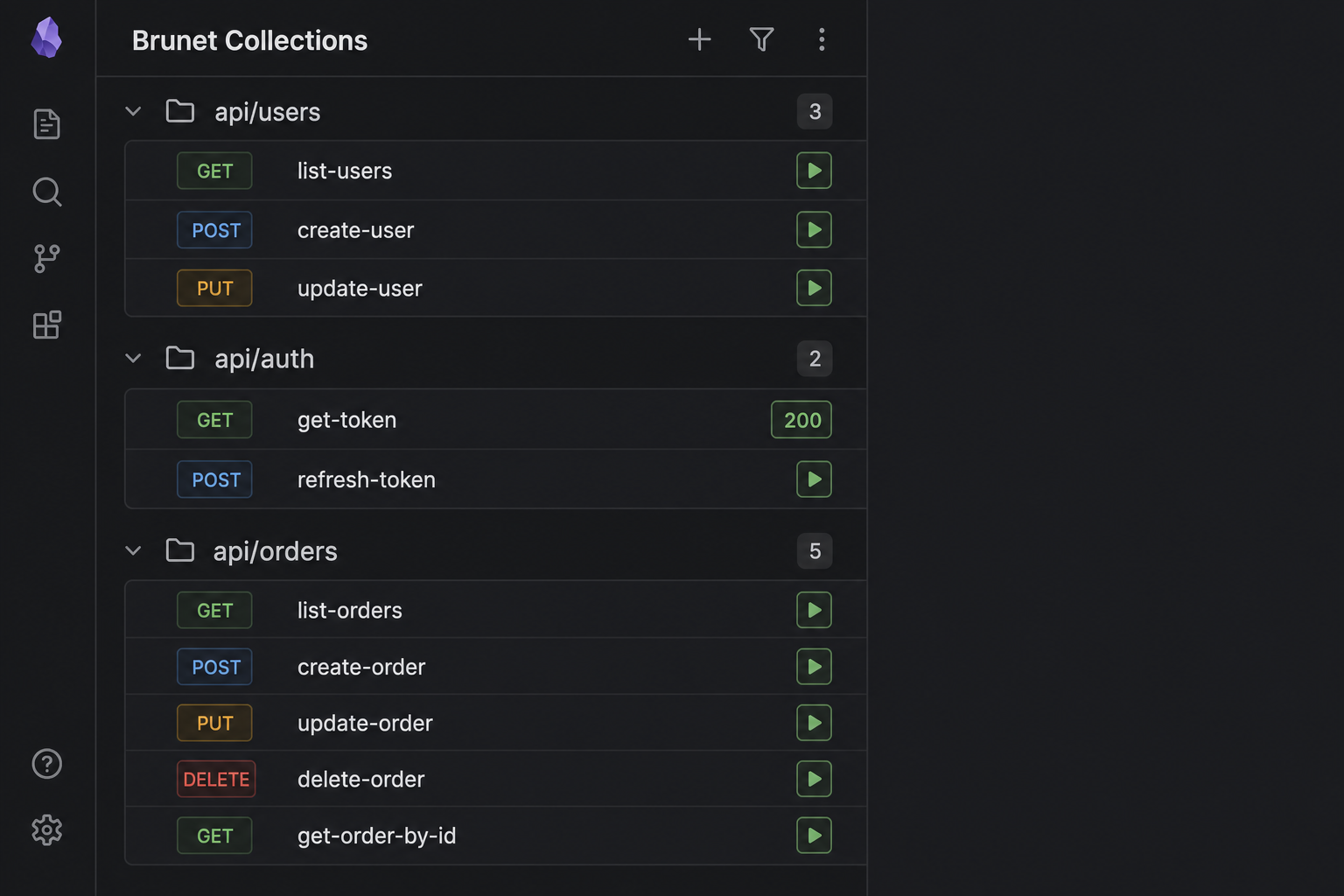 Collections panel with per-file run buttons