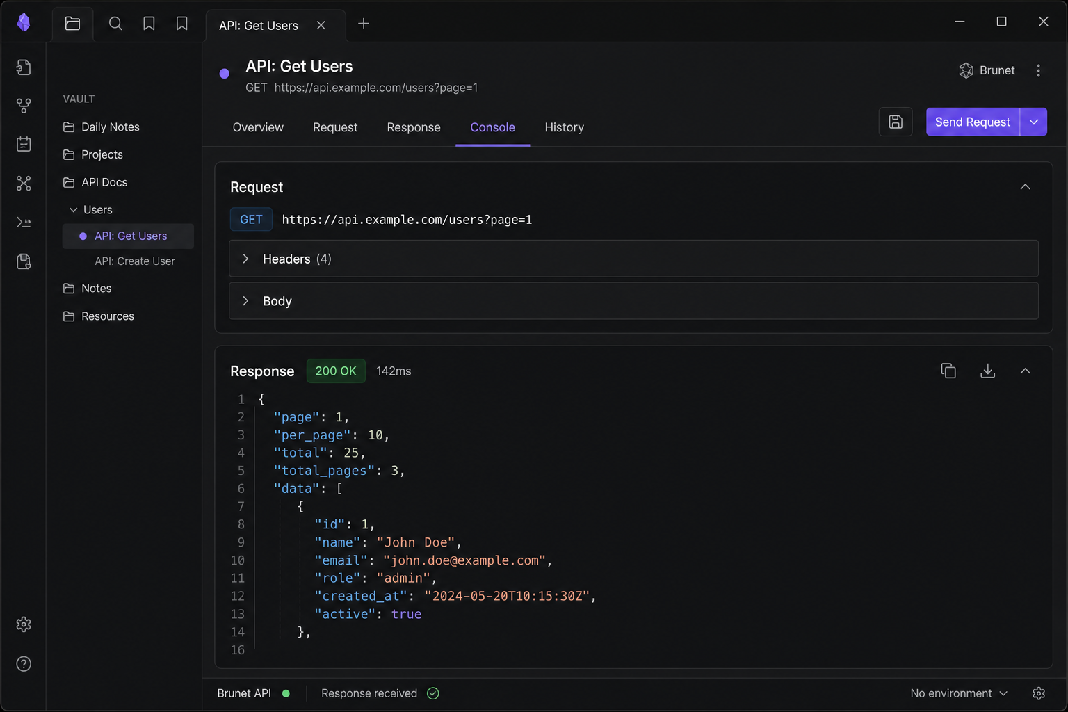Console tab showing status, headers, and JSON response body